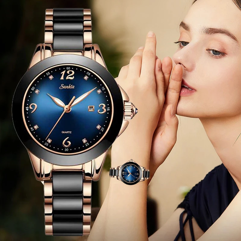 SUNKTA New Fashion ladies  Ceramic Wristwatch Quartz Watch (Blue)